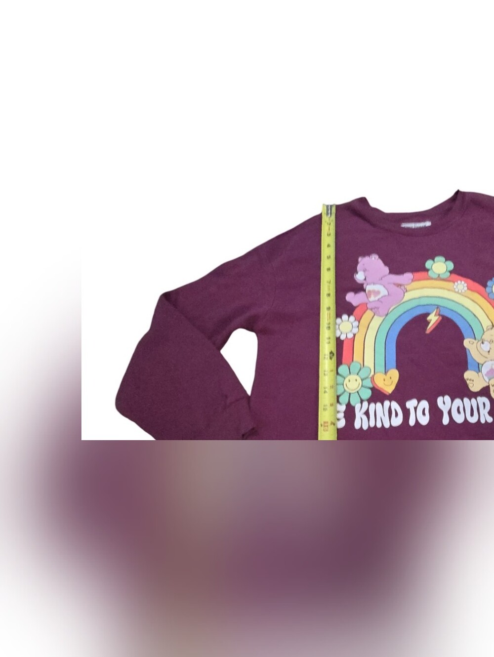 Girls/womens Care Bears Maroon Graphic Rainbow Crewneck Sweatshirt Copped - Picture 6 of 7